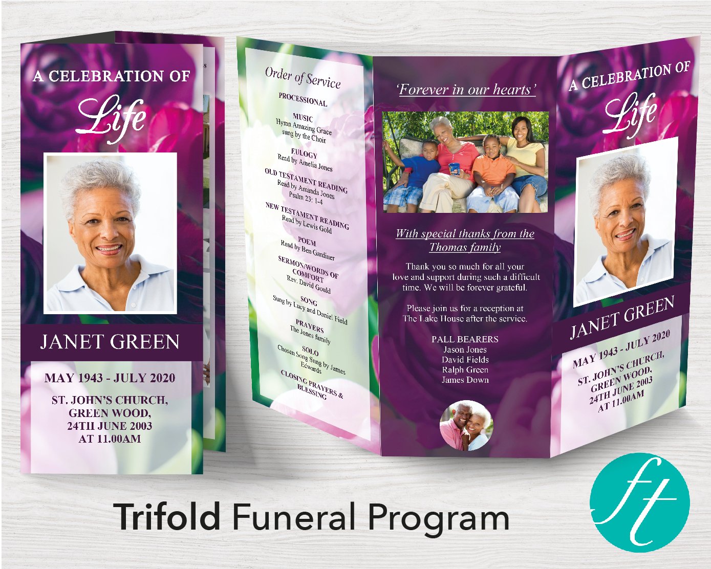 Trifold Purple Peonies Funeral Program Template