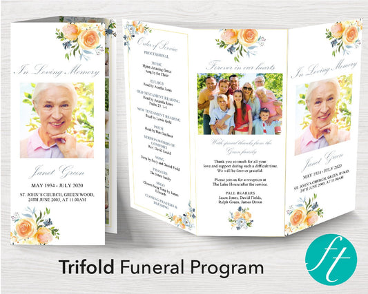 Trifold Yellow Rose Funeral Program Template