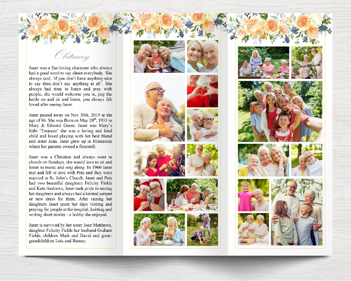 Trifold Yellow Rose Funeral Program Template