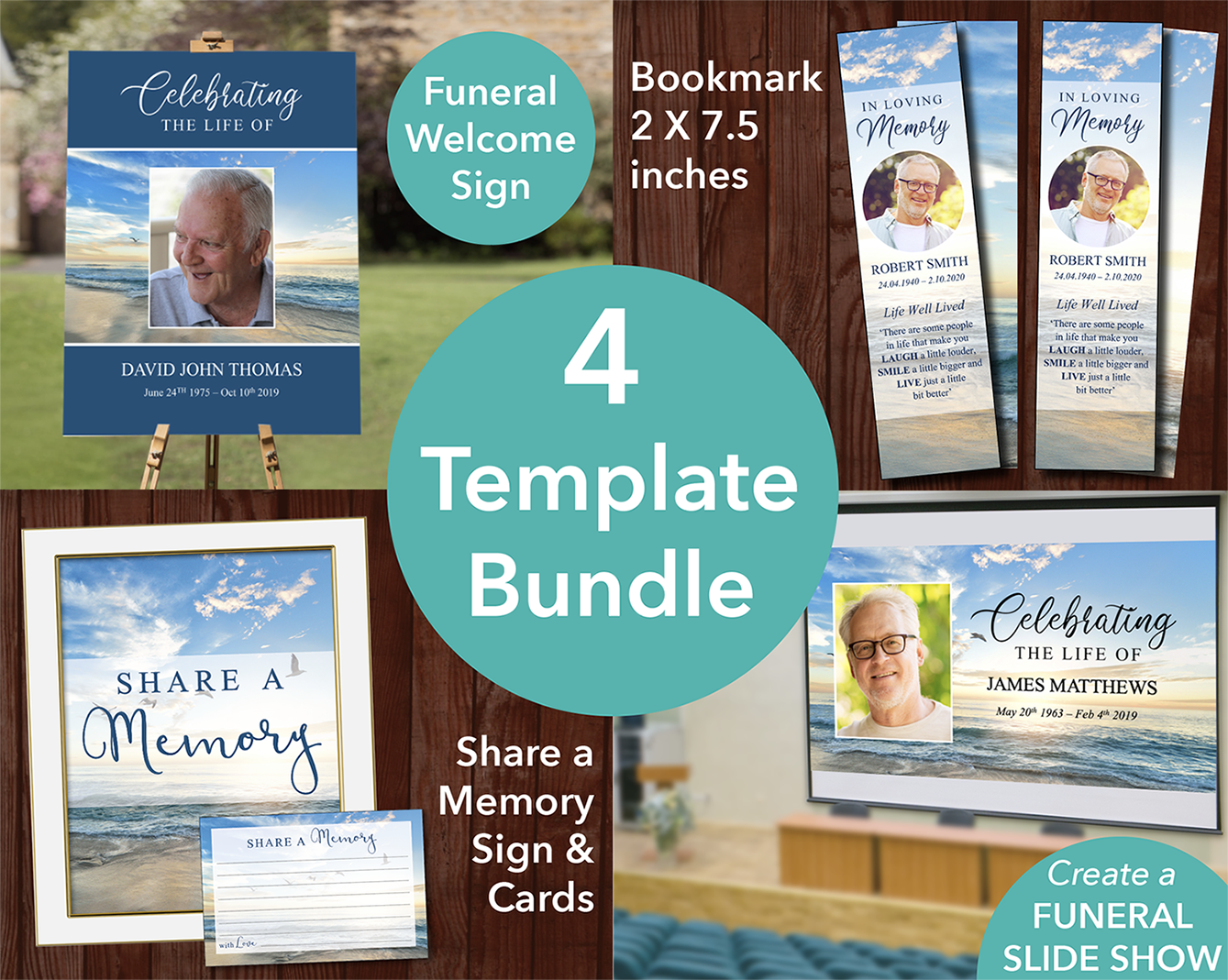 Beach Funeral Welcome Sign + Slide Show, Bookmark, Share a Memory Sign & Cards