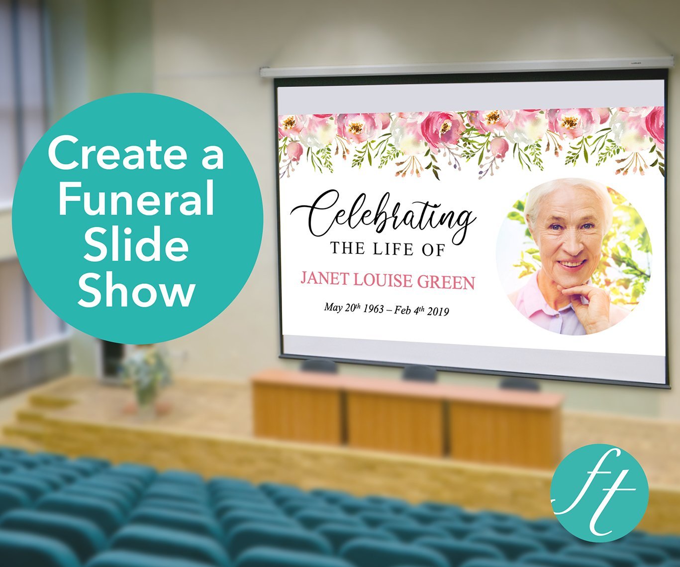 Floral Burst Funeral Welcome Sign + Slide Show, Bookmark, Share a Memory Sign & Cards