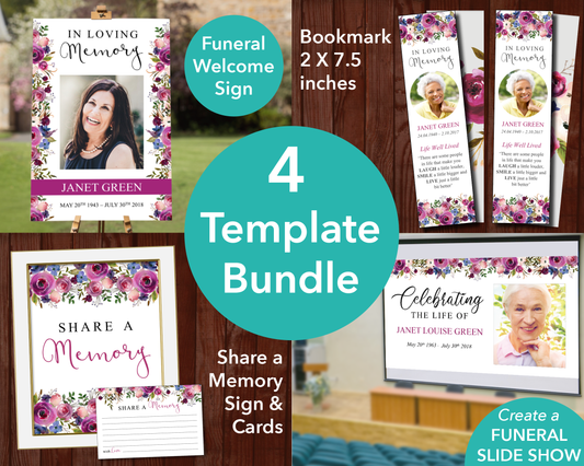 Floral Display Funeral Welcome Sign + Slide Show, Bookmark, Share a Memory Sign & Cards