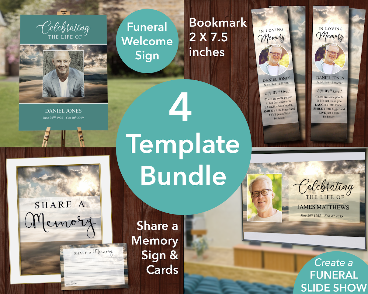 Mountain Top Funeral Welcome Sign + Slide Show, Bookmark, Share a Memory Sign & Cards