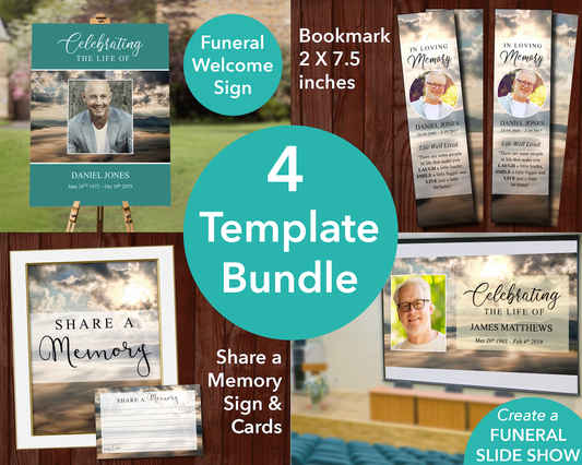 Mountain Top Funeral Welcome Sign + Slide Show, Bookmark, Share a Memory Sign & Cards
