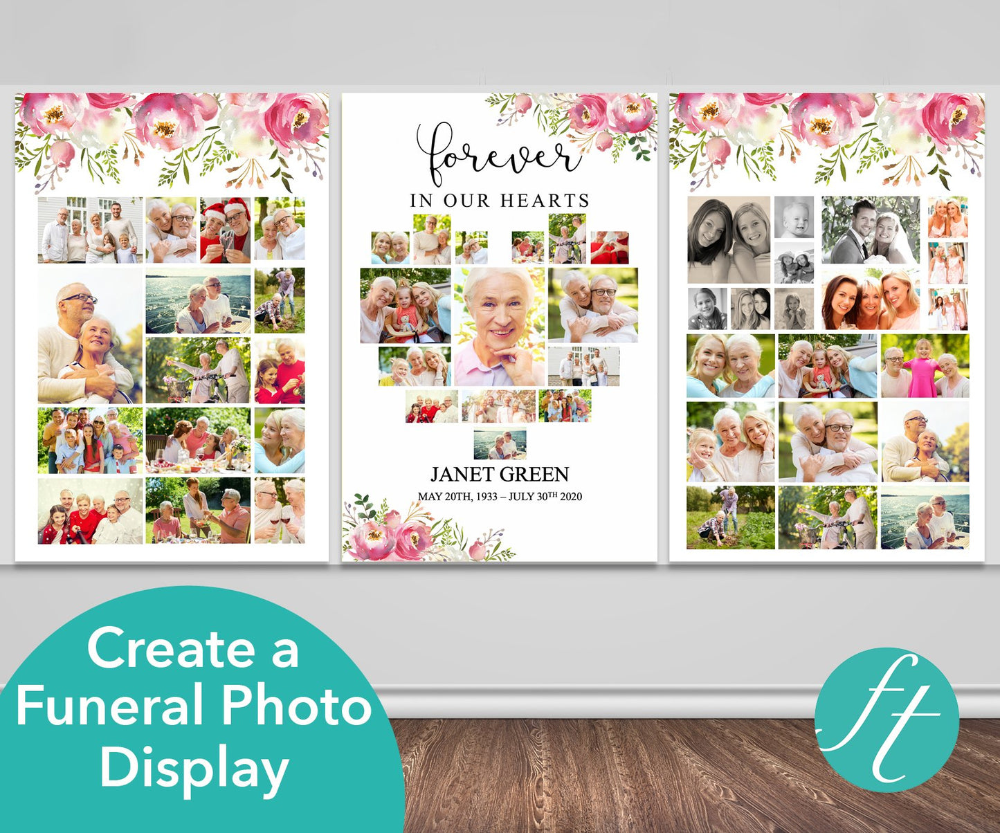 Pink Floral Heart Funeral Photo Display