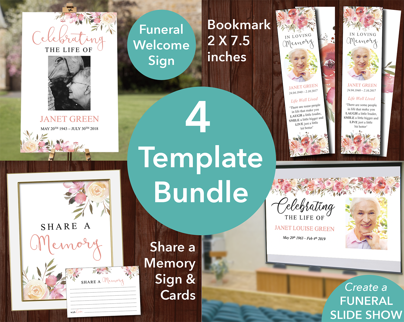 Spring Flowers Funeral Welcome Sign + Slide Show, Bookmark, Share a Memory Sign & Cards
