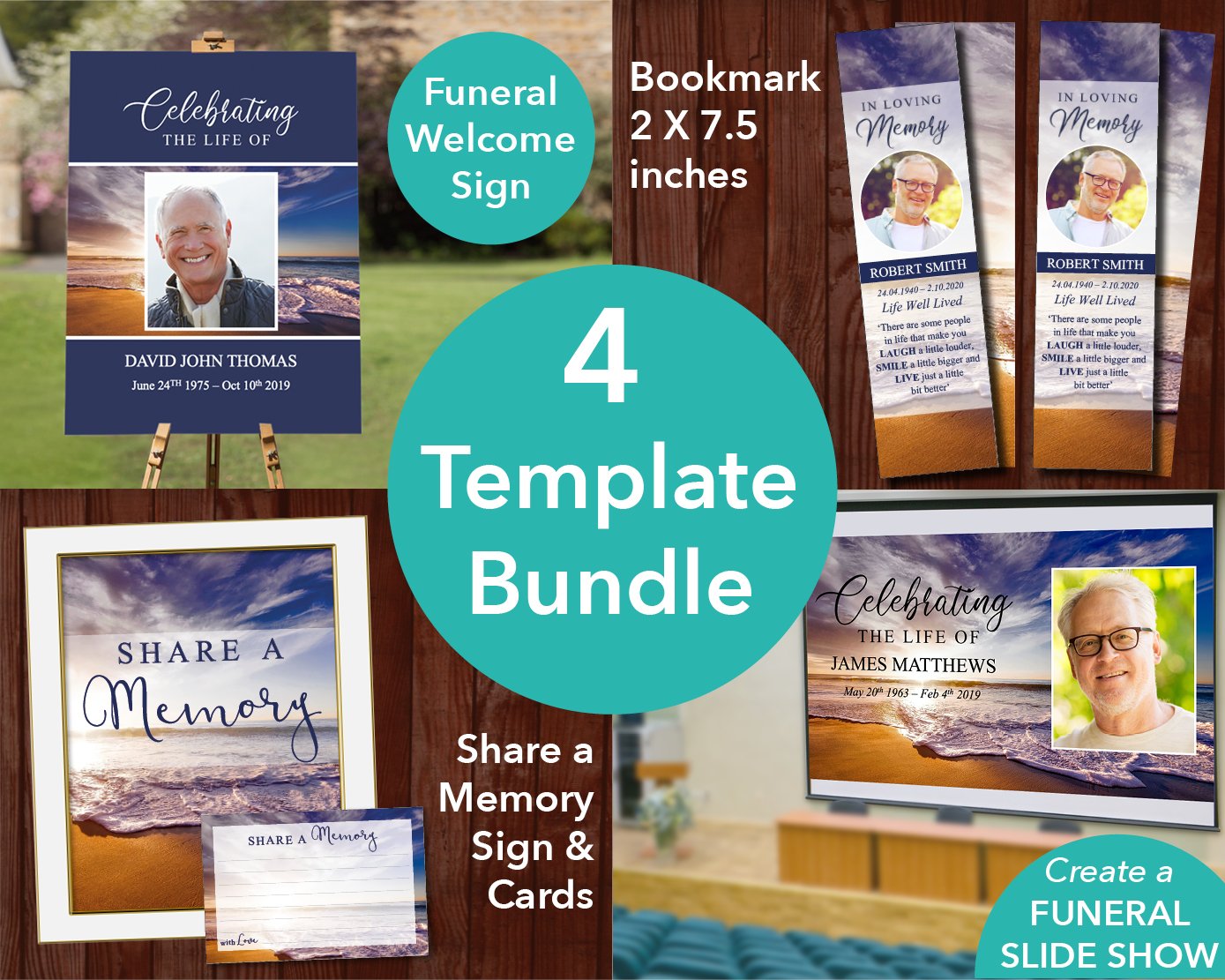 Waves Funeral Welcome Sign + Slide Show, Bookmark, Share a Memory Sign & Cards
