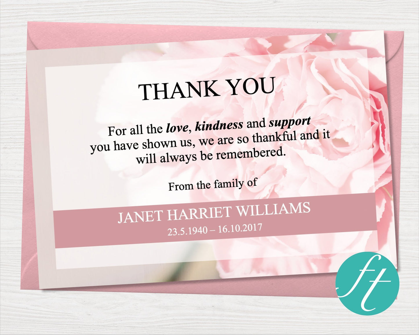 Pink Carnations Funeral Thank You Card