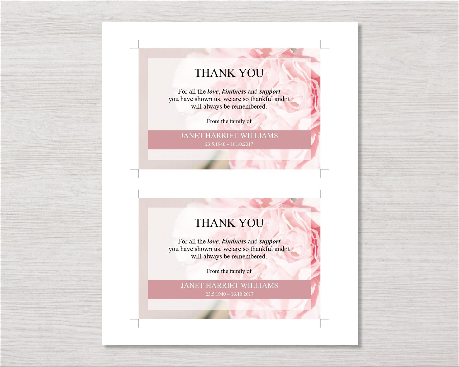 Pink Carnations Funeral Thank You Card
