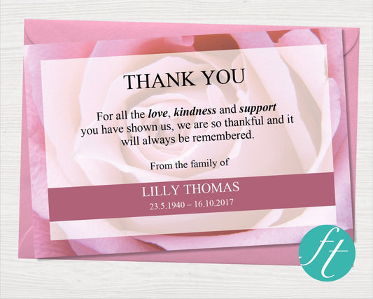 Pink Rose Funeral Thank You Card