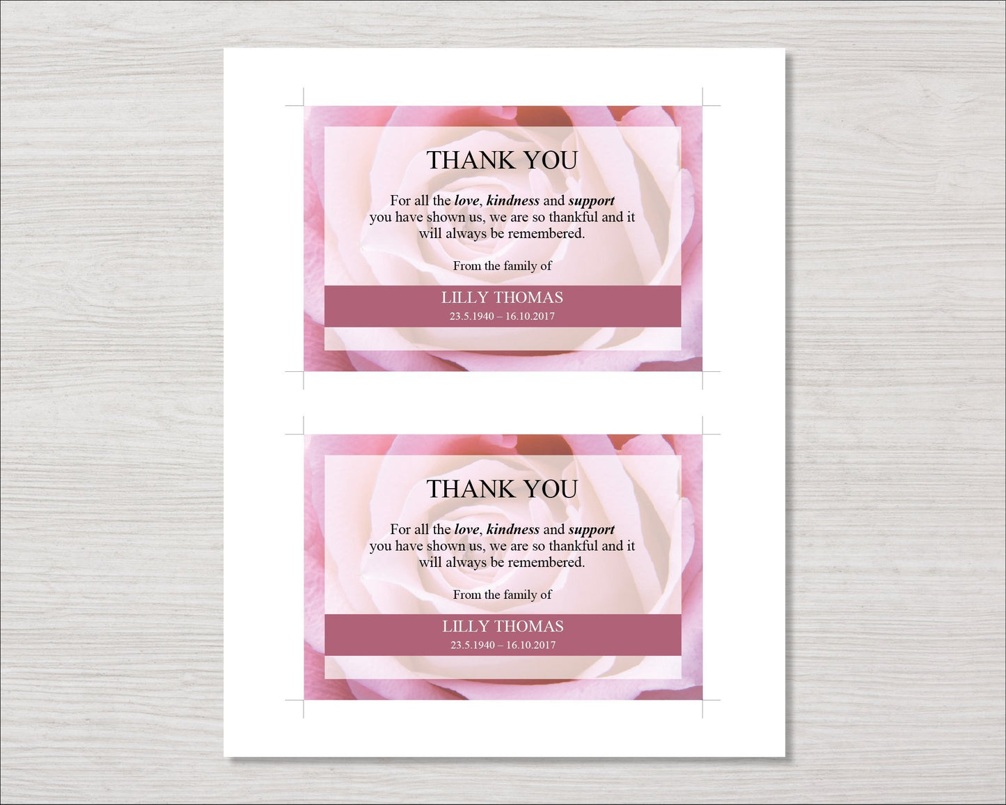 Pink Rose Funeral Thank You Card