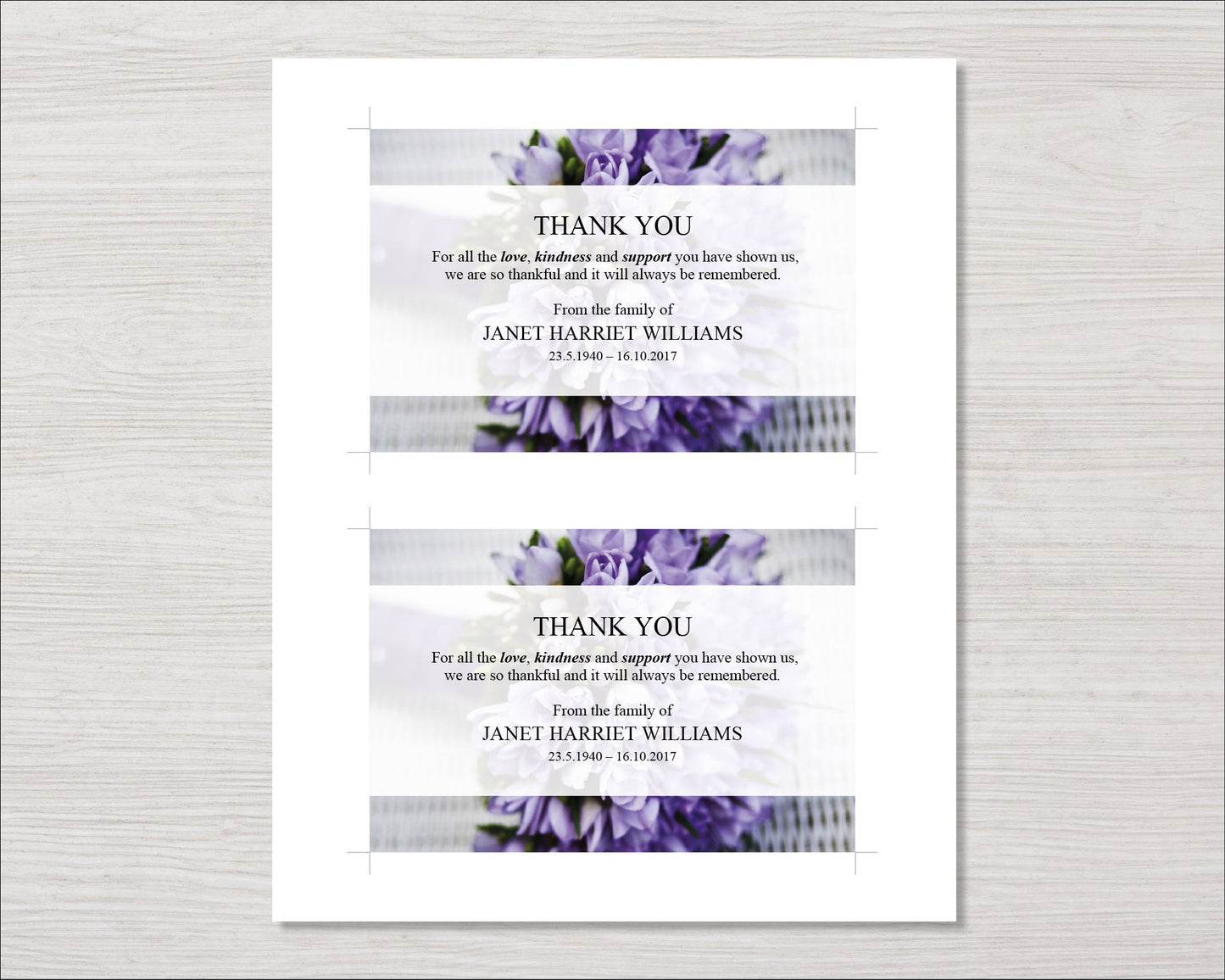 Purple Bouquet Funeral Thank You Card