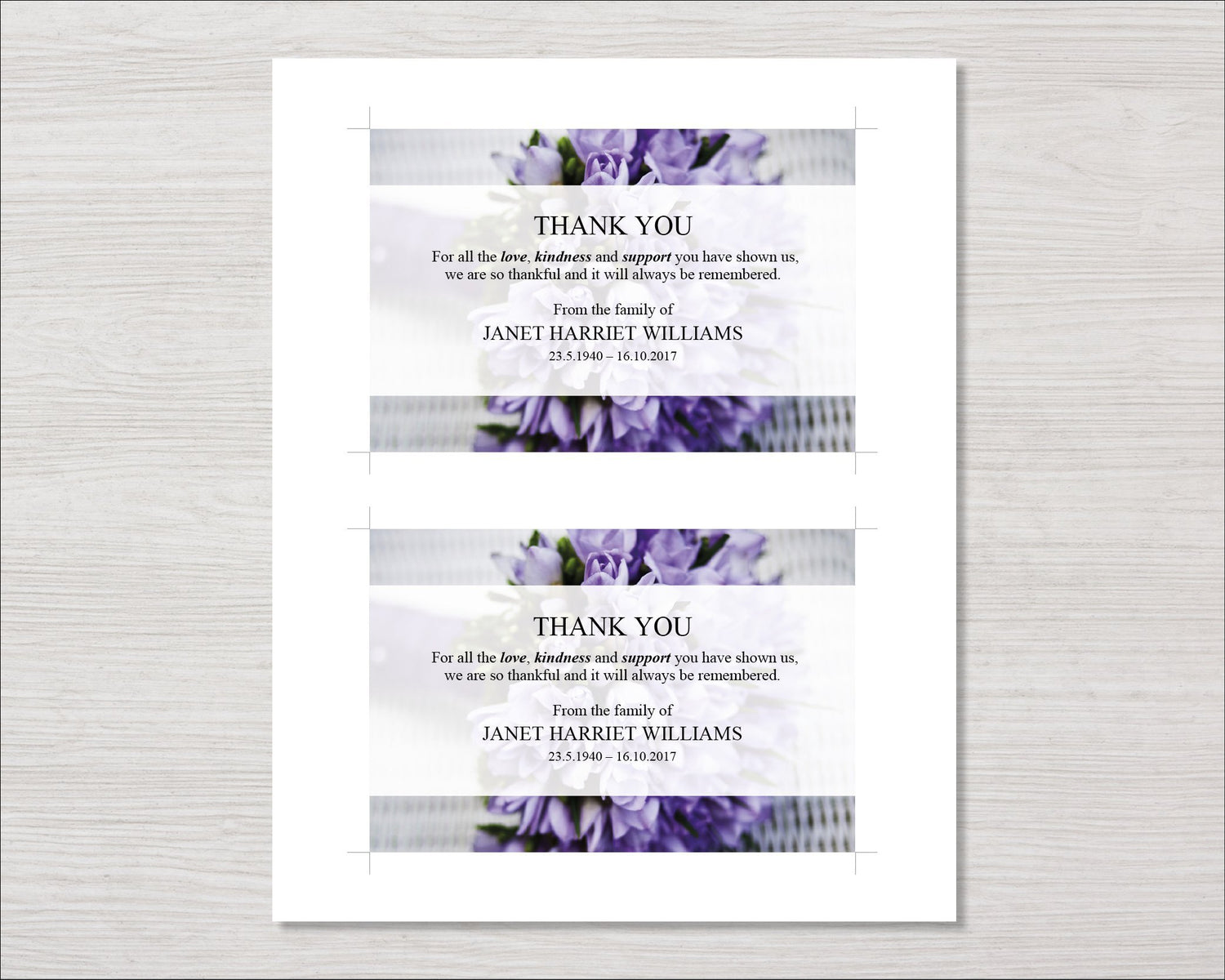 Purple Bouquet Funeral Thank You Card