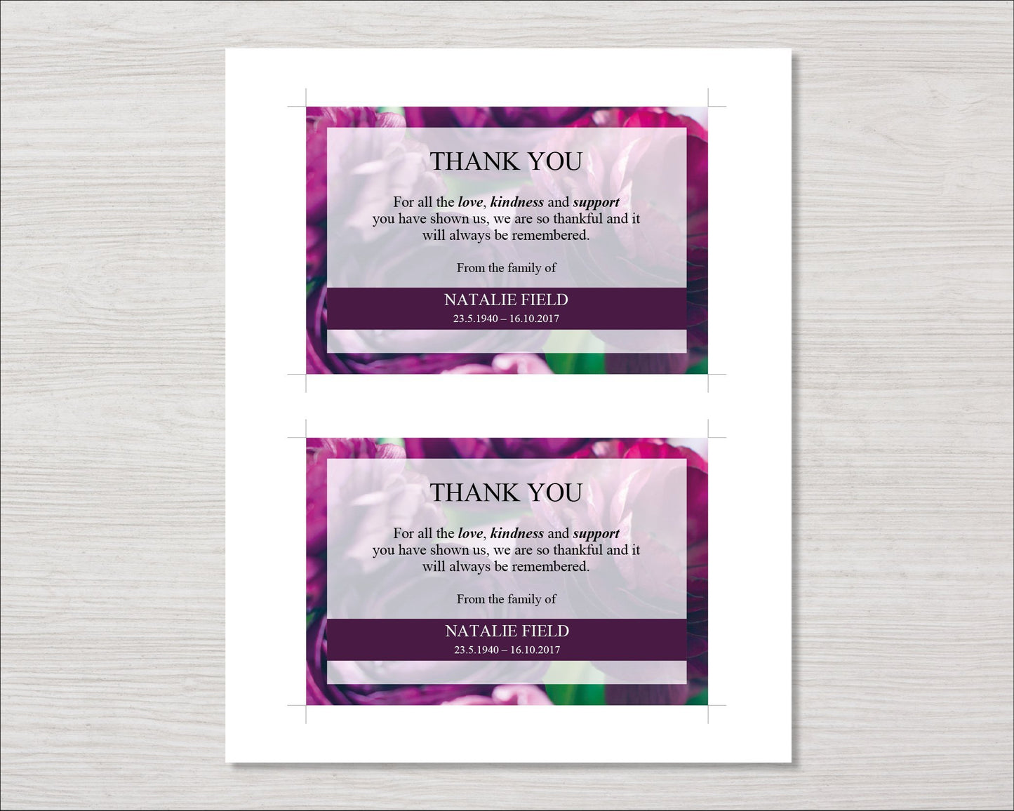Purple Peonies Funeral Thank You Card