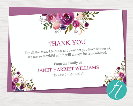 Purple Roses Funeral Thank You Card