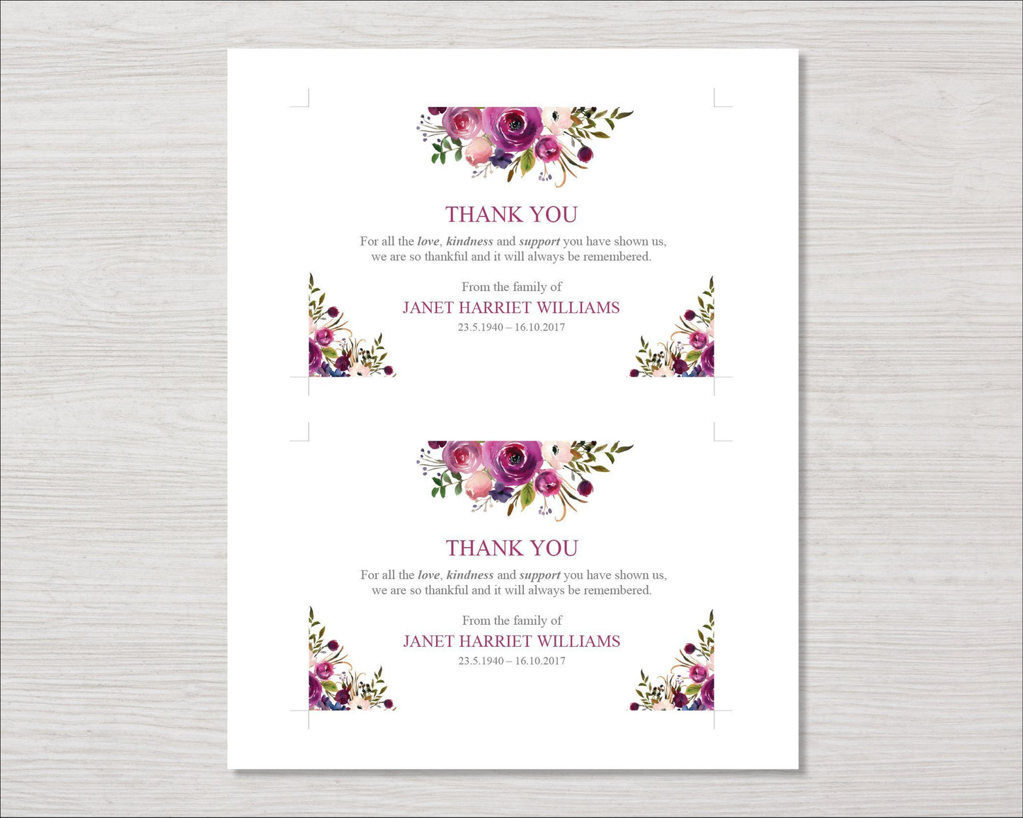 Purple Roses Funeral Thank You Card
