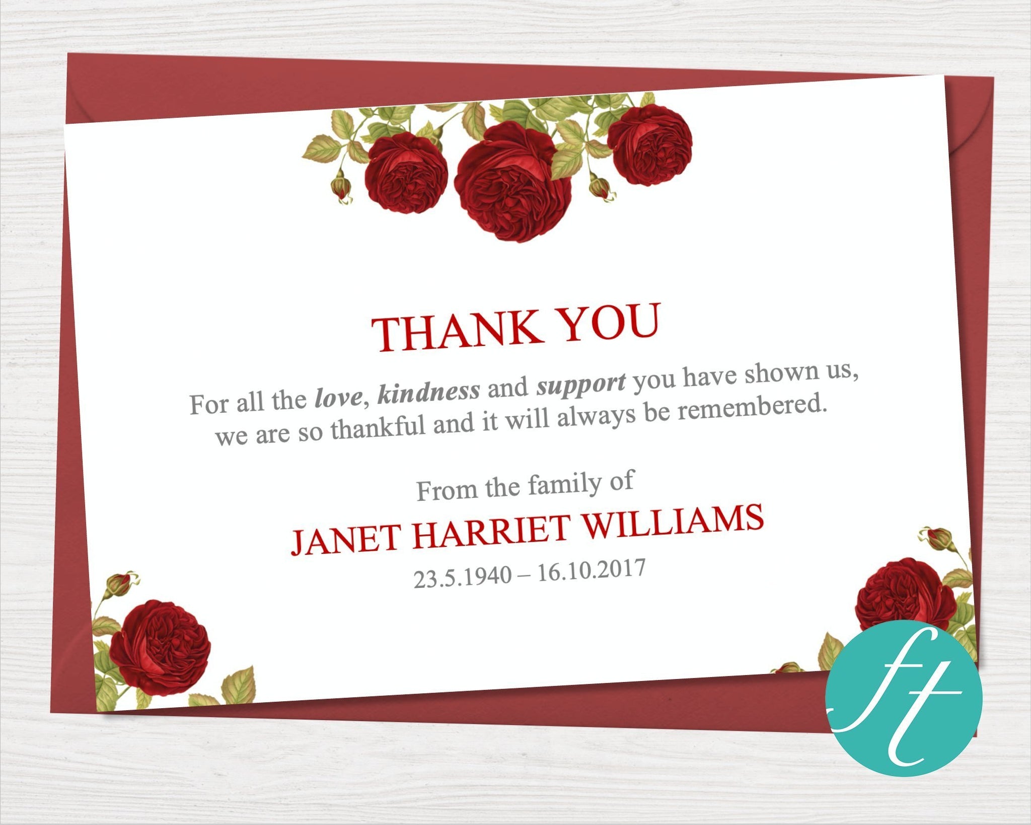 Funeral Thank You Card | Red Rose – Funeral Templates