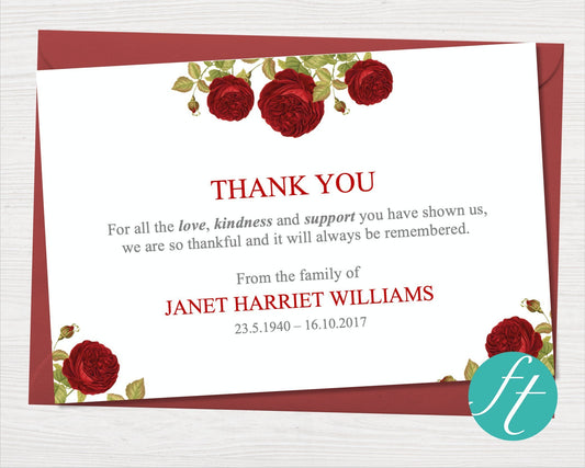 Red Rose Funeral Thank You Card