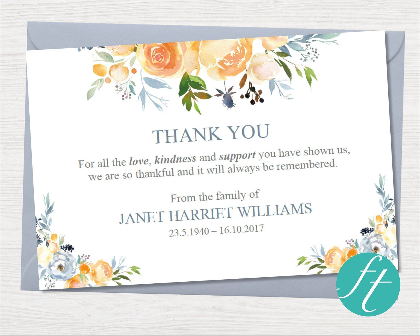 Yellow Rose Funeral Thank You Card