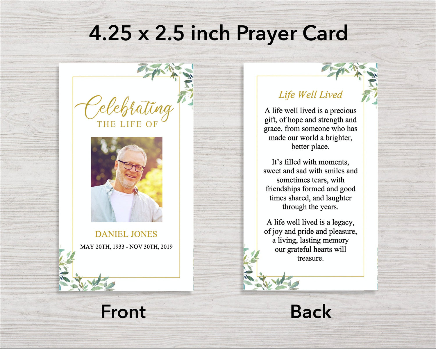 Green Leaf Funeral Prayer Card (4.25 x 2.5 inches)