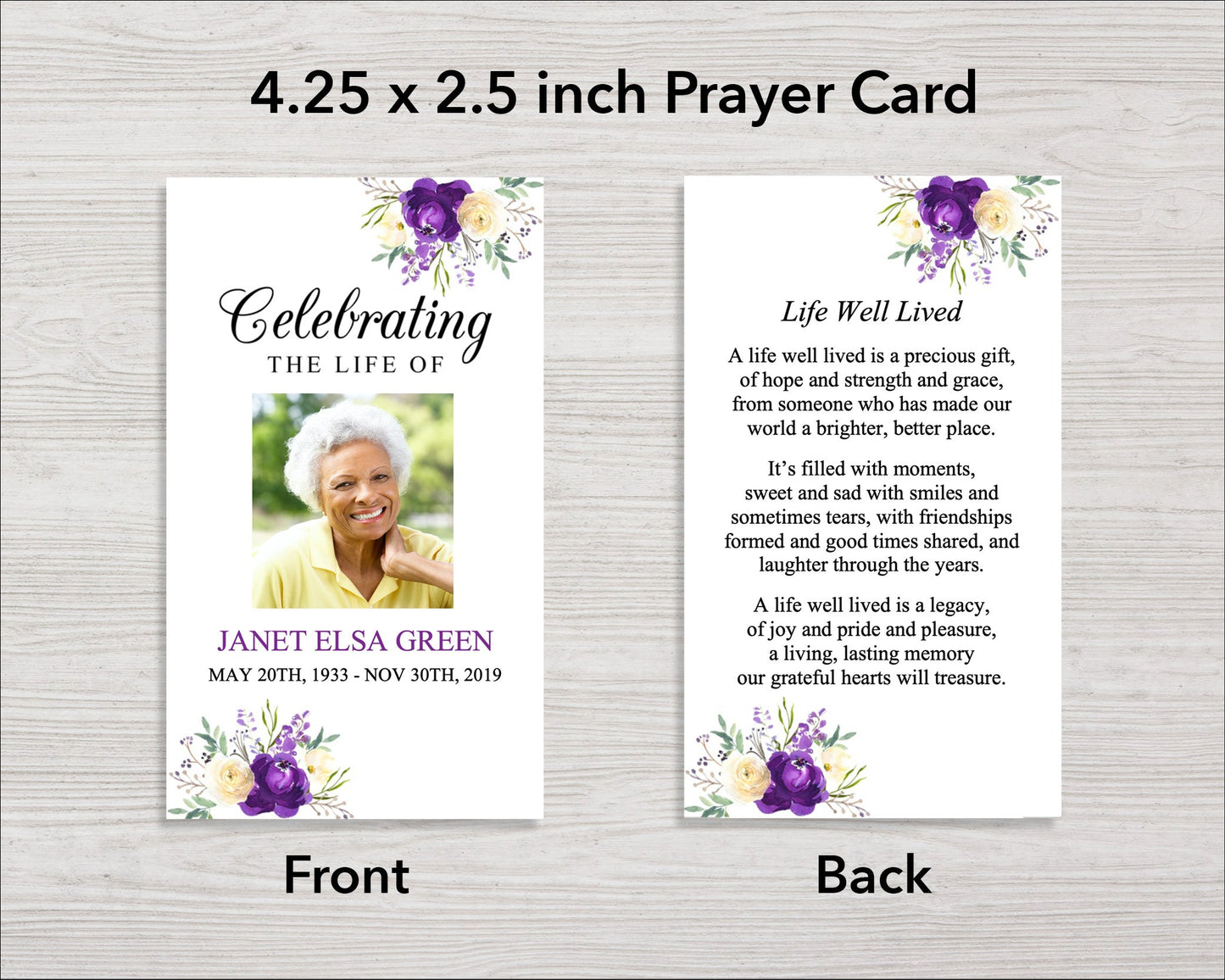 Purple Bloom Funeral Prayer Card (4.25 x 2.5 inches)