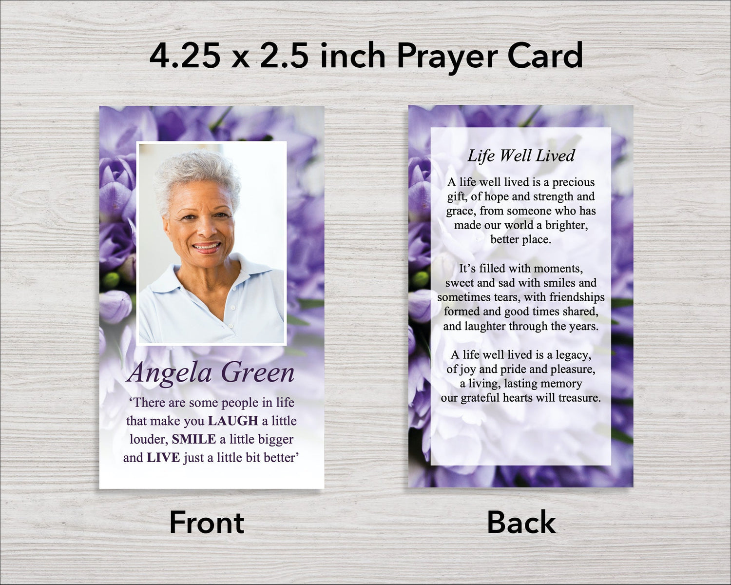 Purple Bouquet Funeral Prayer Card (4.25 x 2.5 inches)