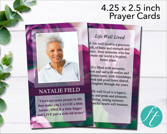 Purple Peonies Funeral Prayer Card (4.25 x 2.5 inches)