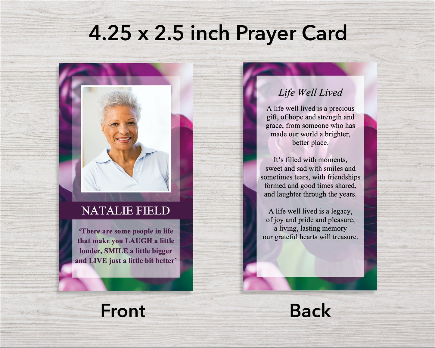 Purple Peonies Funeral Prayer Card (4.25 x 2.5 inches)