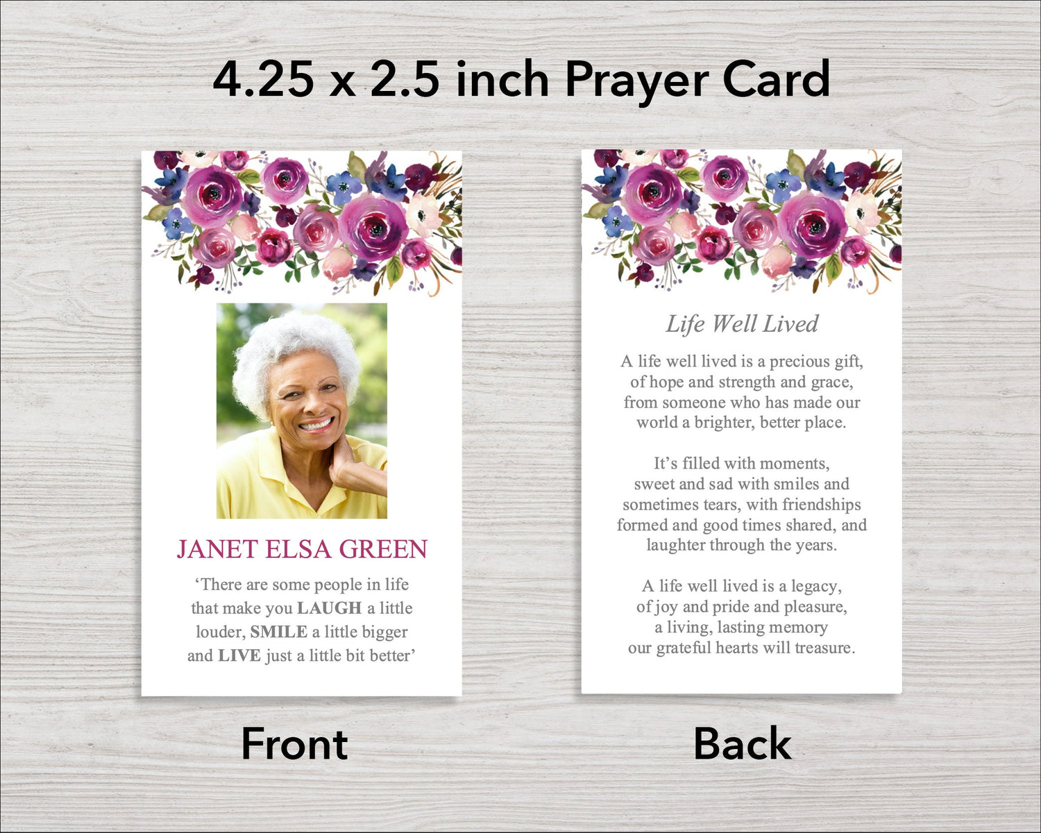 Purple Roses Funeral Prayer Card (4.25 x 2.5 inches)